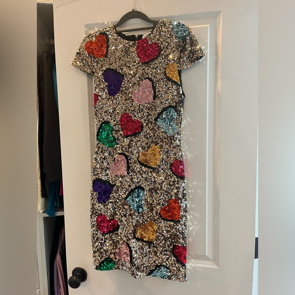 Gorgeous, barely ever worn Alice & Olivia dress.  Gold sequins w/ rainbow hearts